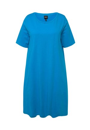 Ulla Popken A-LIJN RONDE HALS KORTE MOUWEN ZAKKEN - Vestito di maglina - sapphire blue