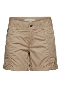 Short beige en coton avec fermeture par bouton, passants pour ceinture, poches latérales, détail zippé sur une poche et ourlets roulés.
