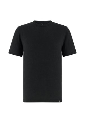 Schwarzes, schlichtes T-Shirt mit kurzen Ärmeln und Rundhalsausschnitt, mit kleinem Logoschild am Saum, auf weißem Hintergrund dargestellt.