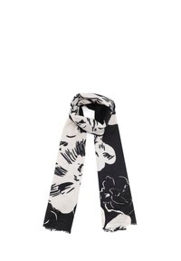 Sciarpa a motivi floreali in bianco e nero, realizzata in tessuto leggero, caratterizzata da una texture liscia e bordi sfrangiati, progettata in una forma rettangolare lunga.