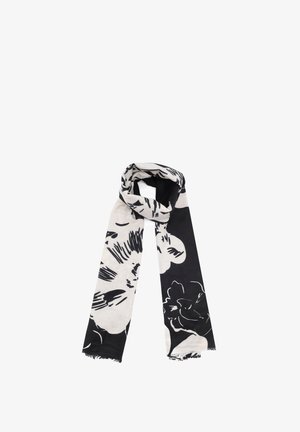 Sciarpa a motivi floreali in bianco e nero, realizzata in tessuto leggero, caratterizzata da una texture liscia e bordi sfrangiati, progettata in una forma rettangolare lunga.