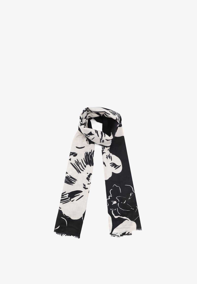 Sciarpa a motivi floreali in bianco e nero, realizzata in tessuto leggero, caratterizzata da una texture liscia e bordi sfrangiati, progettata in una forma rettangolare lunga.