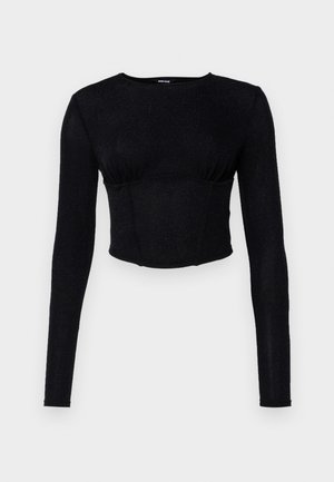 Black long-sleeve crop top made of textured fabric, featuring a fitted design and gathered detailing at the bust.