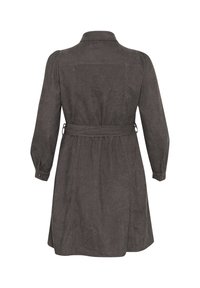 Donkergrijze jurk met lange mouwen, kraag, tailleband en knoopmanchetten. Gemaakt van textuurstof, met naaddetails.