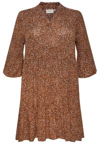 Robe marron à motifs avec des manches trois-quarts, une jupe évasée et un décolleté en V, dotée d'une texture subtile et de touches blanches ludiques.
