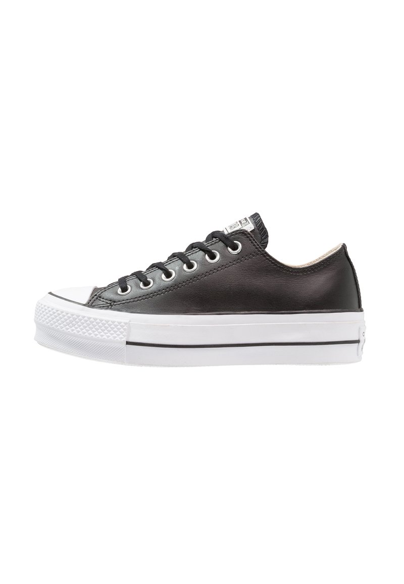 Basket en cuir noir low-top avec semelle en caoutchouc blanc et capuchon de bout blanc, lacets noirs et œillets en métal, présentée de côté sur fond blanc.