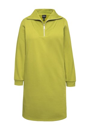 Limevihreä, pitkähihainen mekko, jossa on korkea kaulus ja vartin vetoketju edessä. Ominaisuuksiin kuuluu rento istuvuus ja sileä, pehmeä kangastuntuma.