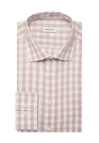 Camicia a quadri chiara in tonalità beige e rosa pallido, realizzata in cotone, con colletto a punta e polsini a un bottone. Etichetta Seidensticker all'interno.