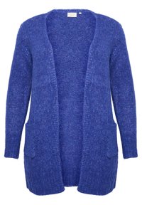 Langer Cardigan mit offener Front aus tiefblauem Strickstoff, ausgestattet mit zwei vorderen Taschen und gerippten Bündchen. Weicher Griff mit lockerer Passform.