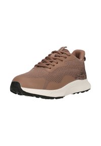 Chaussure de sport marron clair avec un upper en tissu texturé, une semelle intermédiaire blanche rembourrée et une semelle extérieure en caoutchouc noir. Elle dispose d'un laçage à l'avant et d'un design respirant.