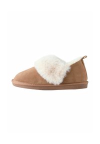 Brown suede slipper with plush white fur cuff and flat sole, designed for indoor comfort and warmth.