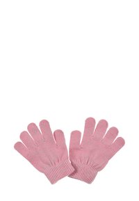 Pink knit gloves with five fingers, ribbed cuffs, and a soft texture. Simple design with no additional patterns or accents.