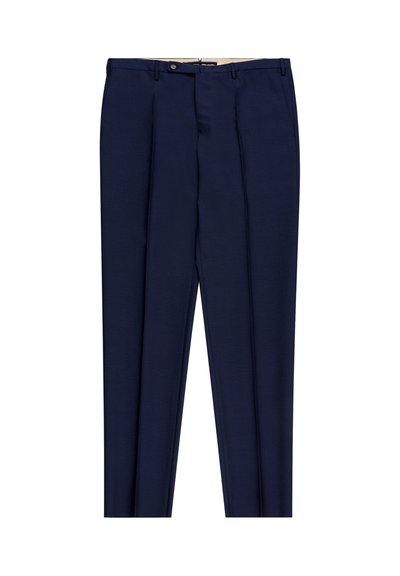 Pantalon bleu marine ajusté en tissu lisse. Comprend deux plis avant et une taille à bouton pour la fermeture.