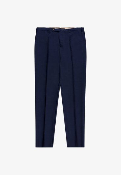 Pantalon bleu marine ajusté en tissu lisse. Comprend deux plis avant et une taille à bouton pour la fermeture.