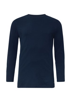 Marineblaues Langarm-T-Shirt aus weicher Baumwolle, mit Rundhalsausschnitt, geradem Saum und minimalen Nähdetails an den Bündchen.