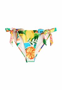 Dół od bikini z kolorowym wzorem owocowym, z żółtymi cytrynami i plasterkami pomarańczy. Wiązany po bokach z różowymi i zielonymi akcentami.