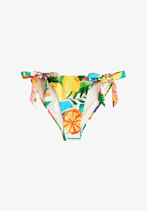 Dvoudílné plavky s barevným ovocným motivem, zobrazující žluté citrony a plátky pomeranče. Zavazují se na bocích s růžovými a zelenými akcenty.