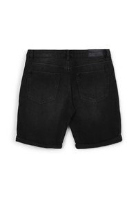 Shorts in denim nero con risvolti, dotati di due tasche posteriori e un'etichetta in vita. Texture liscia e taglio classico per un look casual.