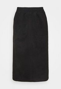 Musta midi-hame pehmeästä mokkanahkamaisesta materiaalista, jossa on joustava vyötärö ja kaksi etutaskua. Yksinkertainen, suora malli ja sileä pinta.