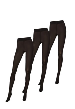 Svarta leggings visas i tre storlekar, med en slät textur, elastisk midja och figurnära design. Klassisk och mångsidig stil.