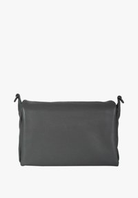Borsa rettangolare in pelle nera con texture liscia, bordi arrotondati e due ganci sulla parte superiore. Design semplice e minimalista senza motivi aggiuntivi.