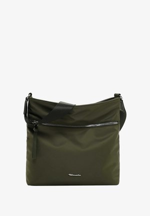 Grüne Nylon-Schultertasche mit einer Reißverschlusstasche vorne, verstellbarem Tragegurt und glatter Textur. Verfügt über ein dezentes Logo an der unteren Front.