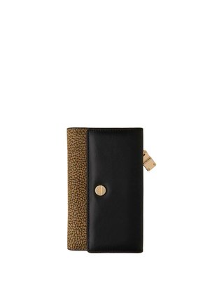 Portefeuille en cuir texturé noir et marron avec un bouton doré et une fermeture éclair, conçu pour une fermeture sécurisée et un style élégant.