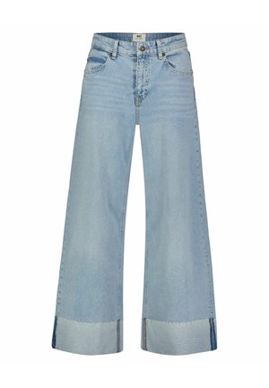 Jeans a gamba larga di colore azzurro chiaro, realizzati in denim, con vita alta, tasche anteriori e orlo sfilacciato distintivo ai polsini.