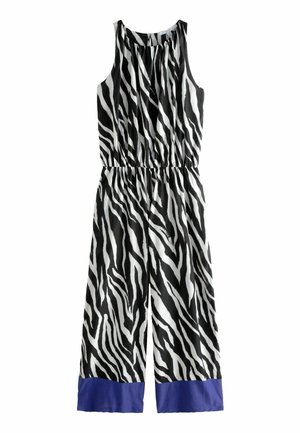 Svart och vit randig jumpsuit med ärmlös design, elastisk midja och enfärgad blå kant nertill. Lätt viktigt tyg.