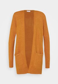 Oranžový pletený kardigan s otevřeným předním dílem, dlouhými rukávy a dvěma předními kapsami. Hladké manžety a lem, který vykazuje jemnou strukturu.