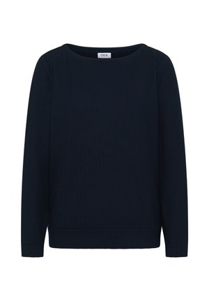 Pull côtelé bleu marine à manches longues avec un col rond. Présente un tissu texturé et un ourlet droit avec des détails subtils.