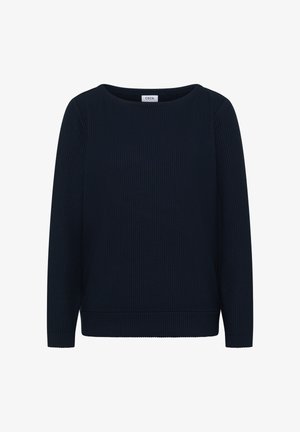 Pull côtelé bleu marine à manches longues avec un col rond. Présente un tissu texturé et un ourlet droit avec des détails subtils.