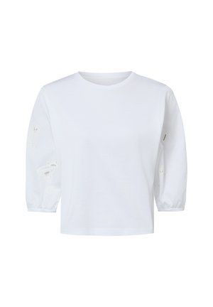 Weißes Langarmshirt mit dezentem Cocktailglas-Stickerei auf den Ärmeln, rundem Ausschnitt und leicht aufgepufften Bündchen.