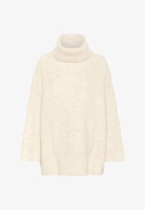 Grietos spalvos aukšta kaklo megztinis, laisvas kirpimas, gabaluota tekstūra, plačios rankovės ir priekinė kišenė. Minkšta medžiaga šilumai.