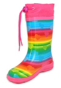 Rubberen laars met regenboogpatroon, featuring roze accenten, een trekkoord bovenkant en kleurrijke hartontwerpen op een levendige gestreepte achtergrond.