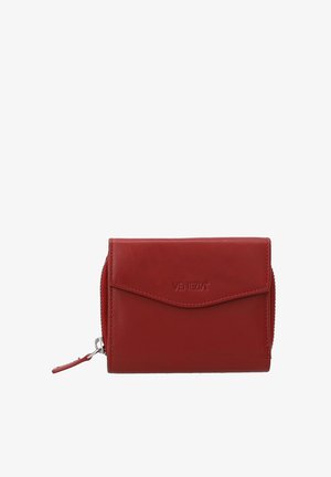 Red leather wallet with a zippered section, flap closure, and embossed logo. Features a smooth texture and compact rectangular shape.