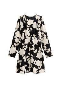 Robe noire à manches longues avec un motif floral blanc, en tissu lisse, avec un décolleté en V et une coupe décontractée.