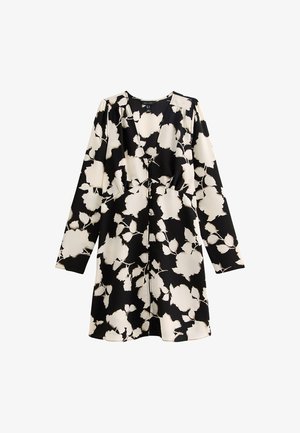 Zwarte jurk met lange mouwen, voorzien van een wit bloemenpatroon, gemaakt van soepel stof, met een V-hals en een losse pasvorm.