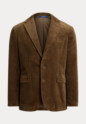 Brown corduroy blazer with notch lapels, two front flap pockets, chest welt pocket, and single-button closure.