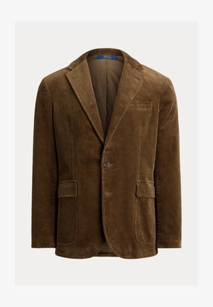 Blazer de corduroy castanho com lapelas em bico, duas bolsos frontais com aba, bolso peitoral com costura e fecho de botão único.