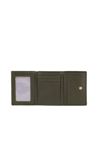 Tri-fold green wallet open, showing clear ID window with striped fabric, three card slots, and a snap button coin pocket.