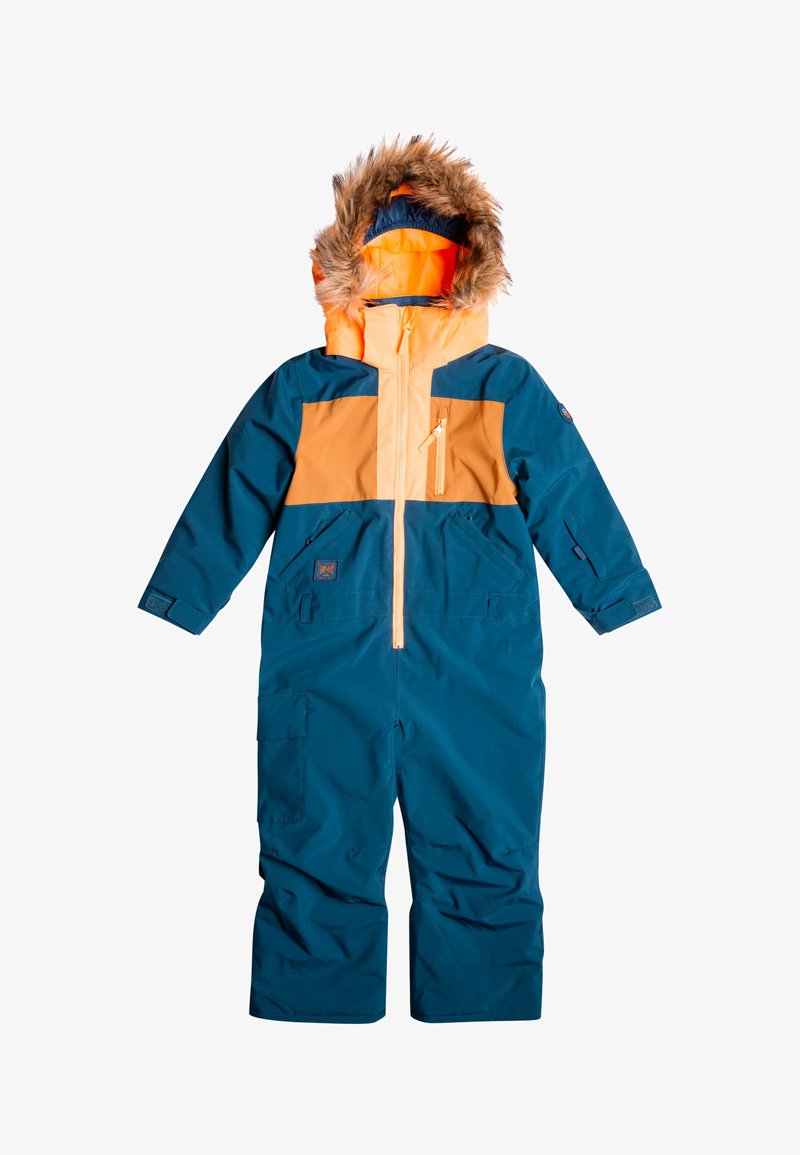 Blå och orange vattenavvisande snoverall med en fluffig huva, dragkedjestängning och fickor. Har färgblockerande design och elastiska muddar.