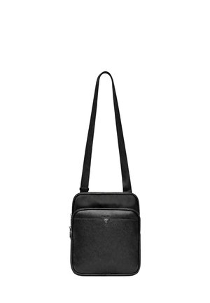 Borsa a tracolla rettangolare nera con tracolla regolabile e tasca frontale con cerniera, con piccolo logo del marchio in rilievo.