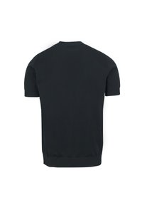 T-shirt nera a maniche corte con colletto rotondo, realizzata in tessuto liscio. Presenta un design aderente e un orlo a costine nella parte inferiore.
