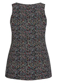 Schwarzes ärmelloses Top mit einem floralen Muster in Weiß, Rot, Gelb und Blau. Glatter Stoff, runder Halsausschnitt, figurbetonte Silhouette.