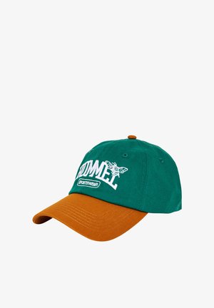 Gorra de béisbol verde y naranja con el texto bordado "SPORTSWEAR", que presenta un gráfico de una abeja y un diseño de visera plana. Material de algodón.