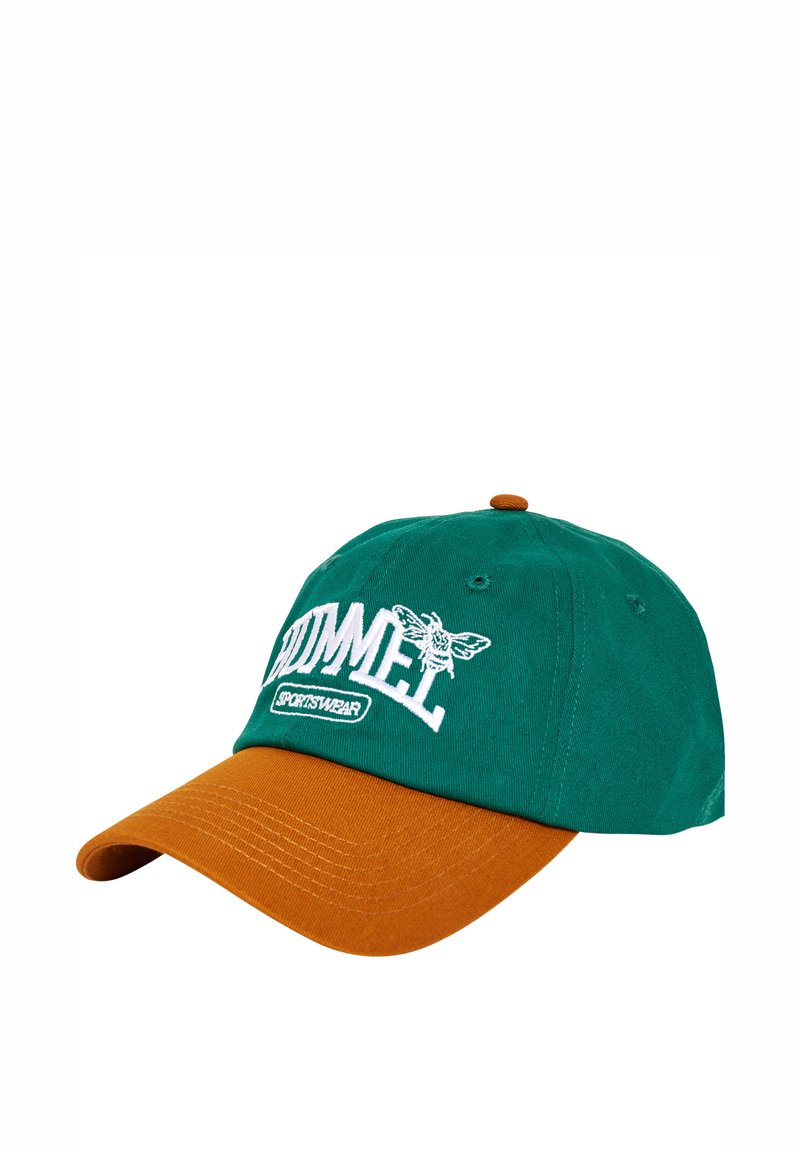 Gorra de béisbol verde y naranja con el texto bordado "SPORTSWEAR", que presenta un gráfico de una abeja y un diseño de visera plana. Material de algodón.