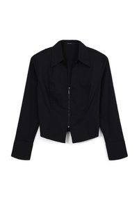 Schwarze kurz geschnittene Jacke mit Kragen, langen Ärmeln und einem Reißverschluss auf der Vorderseite. Glattes Material mit taillierten Nähten.