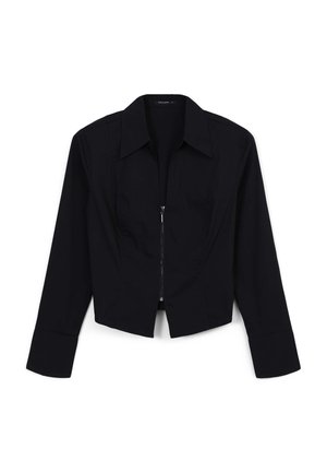 Giacca nera corta con colletto, maniche lunghe e chiusura frontale con zip. Tessuto liscio con cuciture sartoriali.