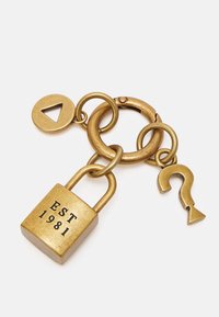 Mosazná klíčenka s visacím zámkem označeným "EST 1981", trojúhelníkovým přívěskem a přívěskem ve tvaru otazníku, všechny propojené hladkými kovovými kroužky.